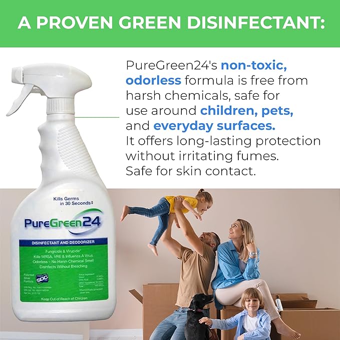 PureGreen24 Safe & Effective Disinfectant. Kills Deadly Germs including RSV COVID-19 Norovirus MRSA Staph 2025 flu Bird flu Contains no toxic chemicals odorless child & pet safe 2 32oz spray bottles