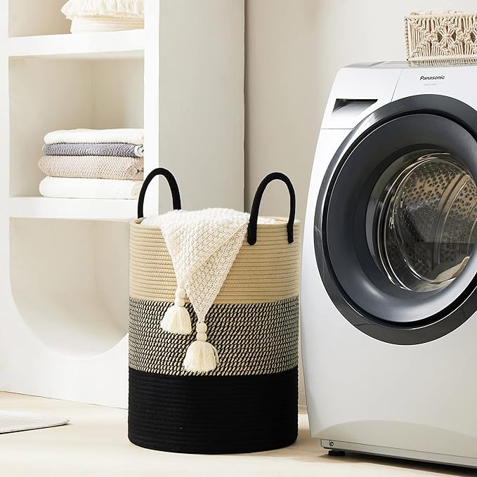 YOUDENOVA Woven Rope Laundry Hamper Basket, 58L Tall Laundry Basket for Blanket Organizer- Clothes Hamper for Bedroom Storage, Baby Kids Nursery Hamper-Large-Black & Brown