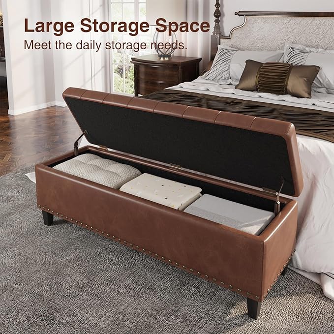 Storage Ottoman Bench, 51-Inch Large Storage Bench for Bedroom End of Bed, 30 Gallons Faux Leather Bench for Bedroom, Living Room, Entryway, Hallway, Brown