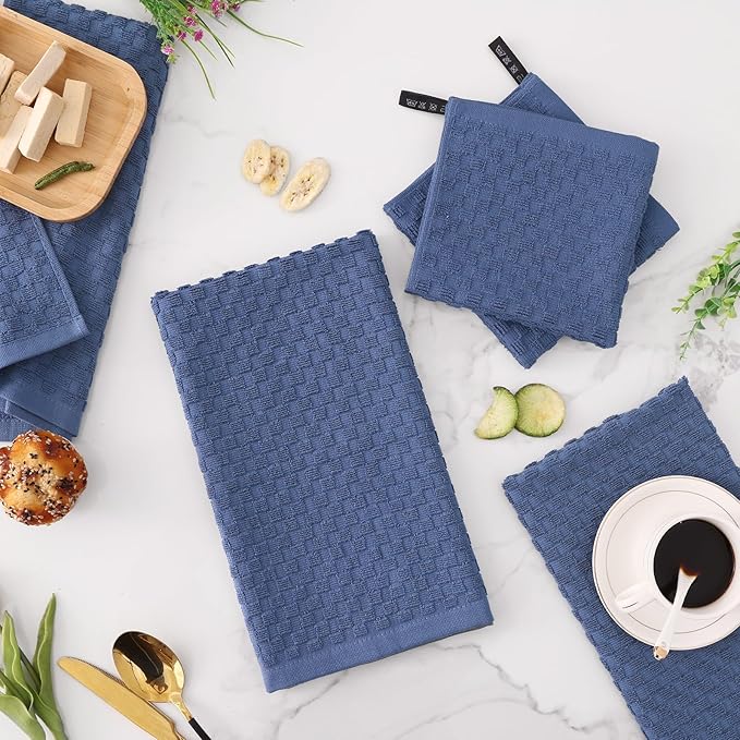 Fintale 100% Cotton Kitchen Towels and Dishcloths Set, 12 x 12 & 15 x 25 Inches, Set of 10 Bulk Super Soft and Absorbent Terry Cloth Dish Towels, Quick Drying Hand Towels with Hanging Loop, Navy Blue