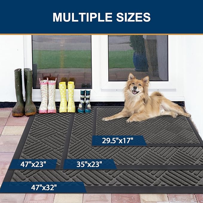 Smiry Front Door Mat Outside Entrance, Heavy Duty Outdoor Indoor Natural Rubber Doormat, Non Slip, Trap Dirt and Moisture, Easy Clean, Low Profile Patio Porch Entryway Mat, 35x23, Grey