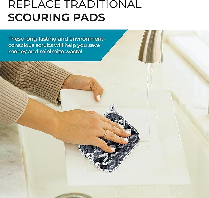 Skoy Scrub, 4-Pack Reusable, Non-Scratching Dish Scrubber for Kitchen and Household Cleaning, Planet-Friendly, Dishwasher Safe Soft Scrub, Monochromatic Colors