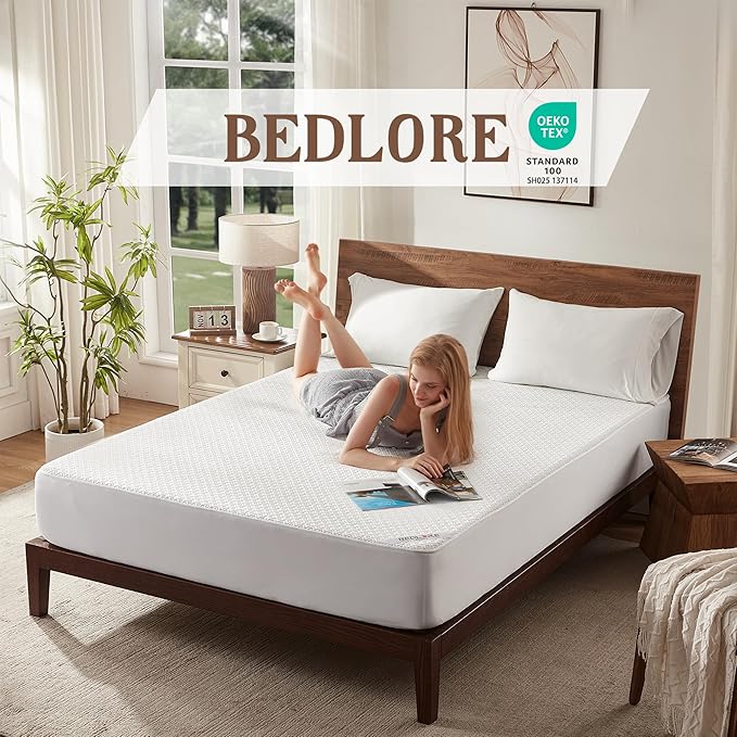 BEDLORE Queen Mattress Protector, Waterproof Noiseless Mattress Cover with Deep Pocket for 6-18 inches Mattress, Soft Breathable Mattress Pad Machine Washable (White)