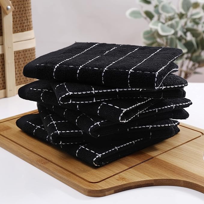 Homaxy 100% Cotton Terry Kitchen Dish Cloths, Ultra Soft and Absorbent Dish Towels for Kitchen, Suitable for Drying and Washing Dishes, 6 Pack, 12 x 12 Inches, Black