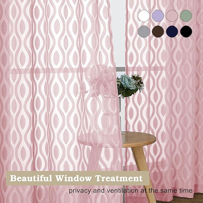 Aiyufeng Pink Sheer Curtains 2 Panels 54 Inch Length, Soft Lightweight Clip Jacquard Textured Blush Curtains for Bedroom Living Room, Modern Wavy Line Solid Voile Sheer Drapes, 40" Wx54 L Inches