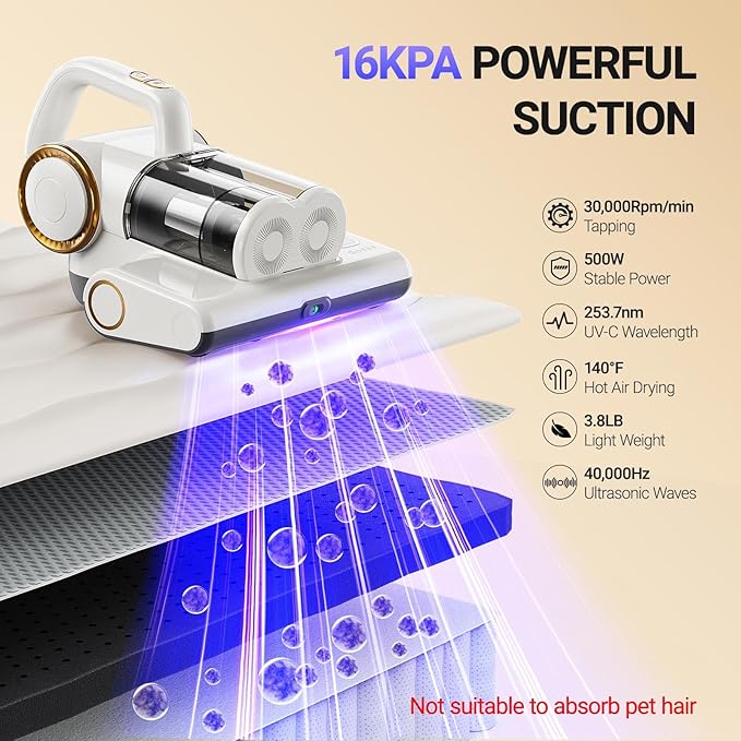 FEPPO Mattress Vacuum Cleaner, 16Kpa Bed Vacuum Cleaner with 253.7nm UV-C Light, 140°F Heat, HEPA Filter & Ultrasonic, Versatile Handheld Vacuums for Bed, Sofa, Couch, Crib(Corded, 500W)