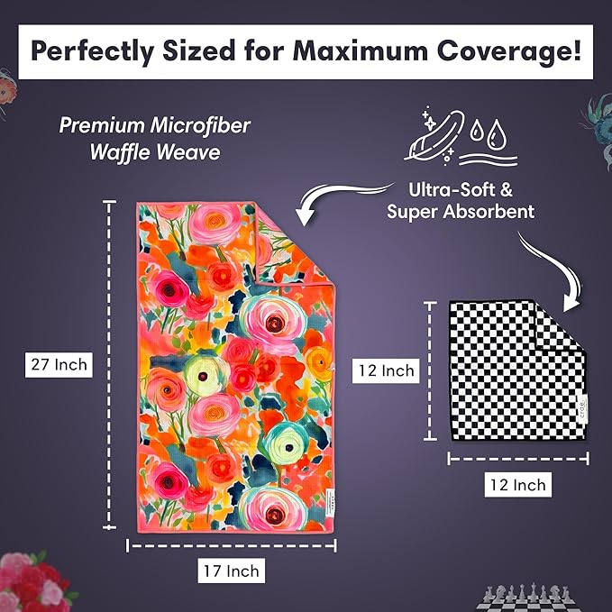 Microfiber Hand Towel & Washcloth Set of 2 - Double-Sided, Waffle Weave, Super Absorbent, Lint-Free, Fast Drying - Pia & Fonnie Pattern for Bathroom, Kitchen, Car, and Window Cleaning