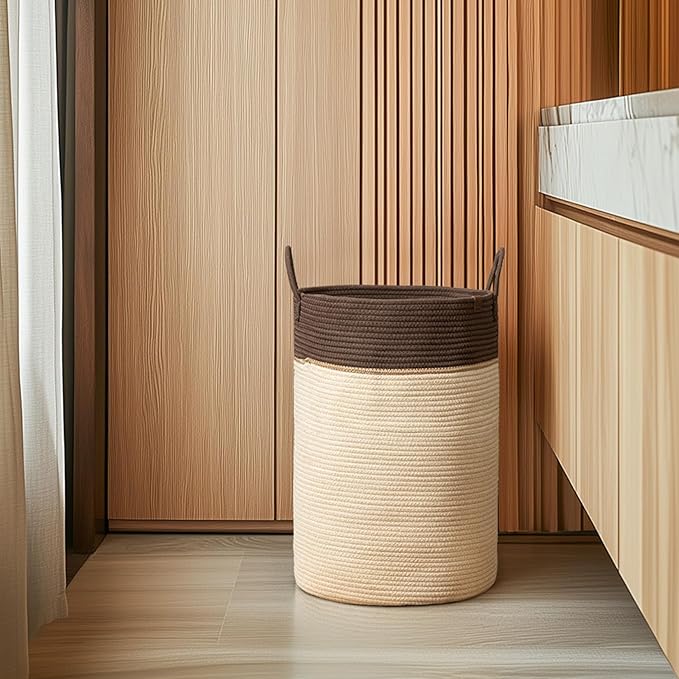 LA JOLIE MUSE Woven Basket Rope Storage Baskets - Tall Cotton Laundry Basket, Blanket, Kids Toy, Nursery Clothes Hamper, Oatmeal, 72 Litres