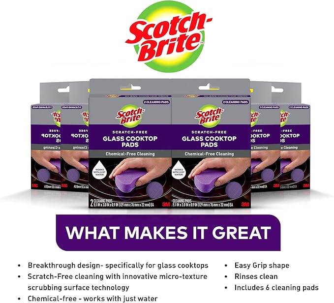 Scotch-Brite Glass Cooktop Pads, Scratch-Free & Non-Abrasive Scrubbers for Glass or Ceramic Stovetops, Cleans Burnt-On Messes with Just Water, Reusable Dishwasher-Safe Design (12 Pads)