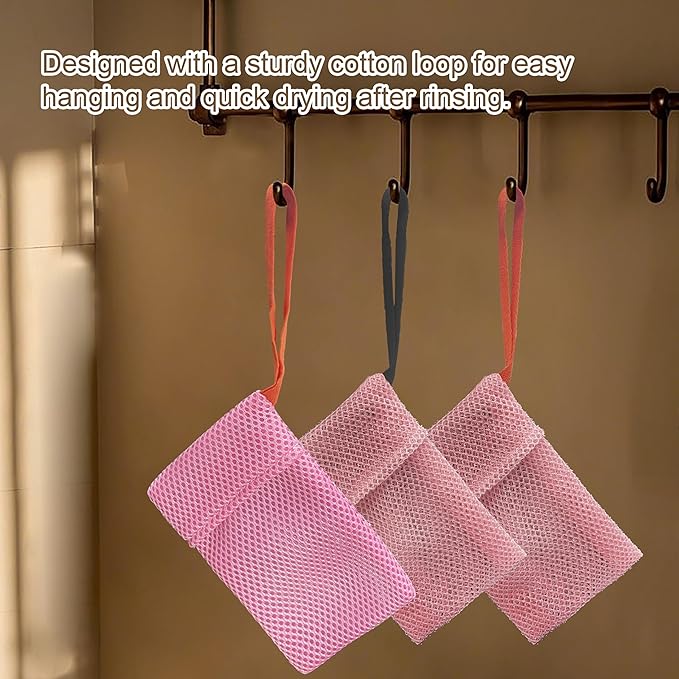2 Pack Soap Bag Different Roughness Deep and Gentle,Bar Soap Pouch Saver Pocket,Body Scrubber Shower Sponge Loofah,Exfoliating Bath Sponge (Pink)