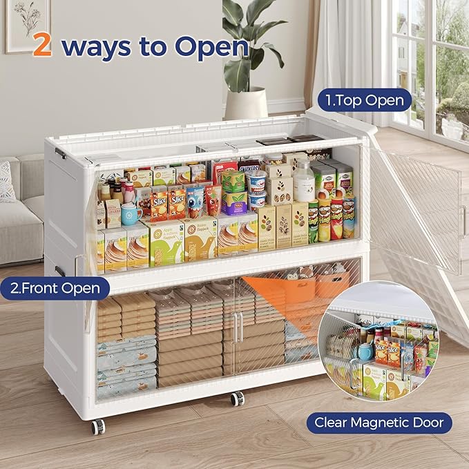 150GAL Extra Large Storage Bins with Lid, 600QT Collapsible Organizer with Wheels, Stackable Closet Cabinet with Doors, Folding Storage Containers for Home, Office, Dorm, 3Pack White