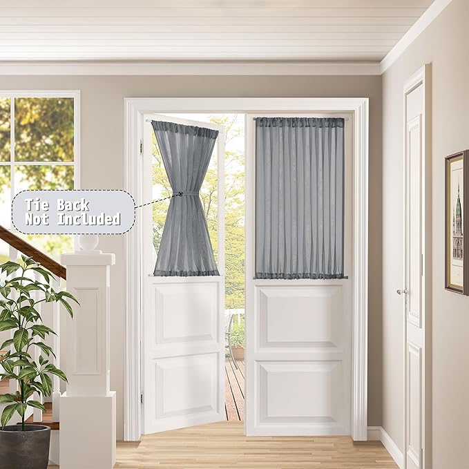 Tollpiz Short Sheer Door Curtains Closet Linen Textured Curtains Sheer Doorway Light Filtering Voile Patio Glass Door Rod Pocket Curtain French Door, 54 x 40 inches Long, Dark Grey, Set of 1 Panel