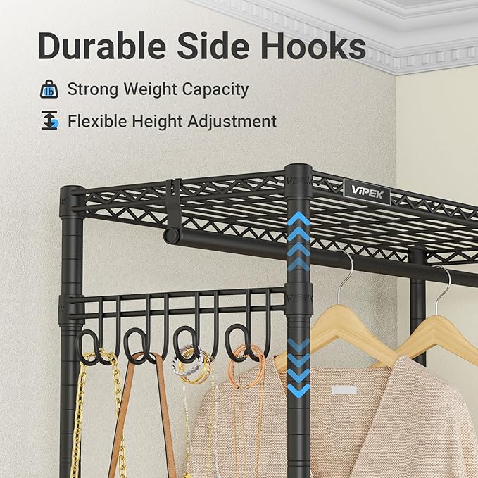 VIPEK L4 Garment Rack L Shaped Clothes Rack for Corner, Freestanding Portable Wardrobe Closet Heavy Duty Clothing Rack with 3 Hanging Rods & 2 Side Hooks, 43.3"Lx29.1"Wx76.4"H, Max Load 810LBS, Black