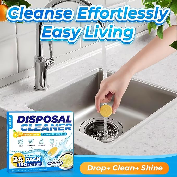 Qucship Powerful XXL Foaming Garbage Disposal Cleaner and Deodorizer Tablets - 24 Pack, Citrus Scent Garbage Disposal Cleaner, Sink Drain Clean for 1 Year Kitchen, House, Home Cleaning Essentials