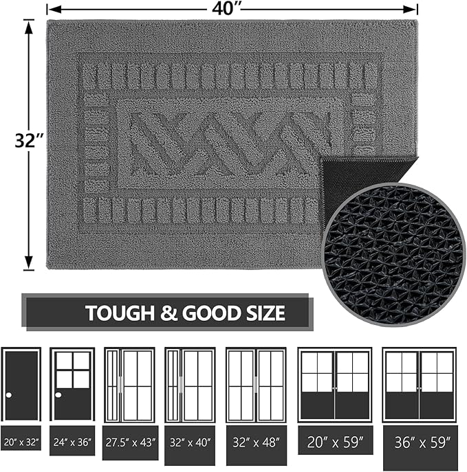 FONEYI Indoor Doormat, Front Back Door Mat Rubber Backing Non Slip Door Mats, 32"x40" Low-Profile Absorbent Resist Dirt Entryway Doormat Inside Floor Mats Entrance Washable, Entry Doormats, Grey