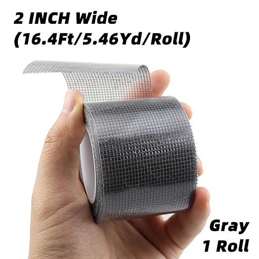 2IN Wide (16.4Ft/5.46Yd/Roll) Window Screen Repair Tape for Windows or Doors, 3-Layer Design - Adhesive Fiberglass Mesh Patch Waterproof Tape, Easy to Cut & Apply, Gray, 1 Roll