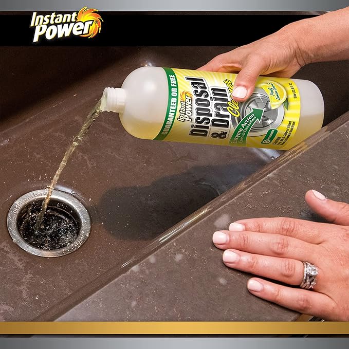 Instant Power Disposal and Drain Cleaner – Liquid Enzyme Clog Remover, Cleans and Deodorizes, Removes Drain Blockages, Fresh Lemon Scent 33.8 Fl oz, 1 Liter 4 Pack