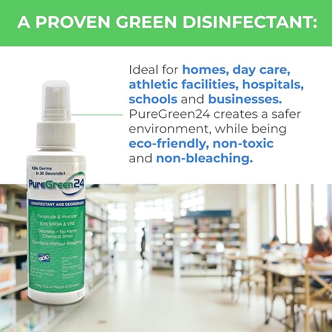 PureGreen24 Safe & Effective Disinfectant. Kills Deadly Germs including RSV Norovirus MRSA Staph 2025 flu Bird Flu Contains No Toxic Chemicals Odorless Child & Pet Safe (4) 32oz Spray Bottles