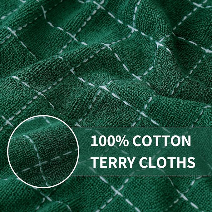 Homaxy 100% Cotton Terry Kitchen Towels(Dark Green, 13 x 28 inches), Checkered Designed, Soft and Super Absorbent Dish Towels, 8 Pack