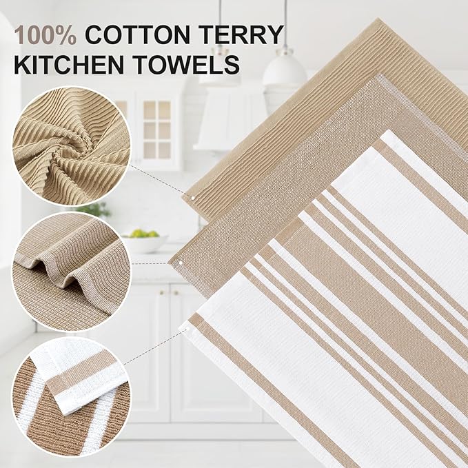 Homaxy Premium Kitchen Towels(18”x 28”, 3 Pack), Large Cotton 380 GSM Kitchen Hand Towels, Soft and Absorbent Terry Dish Towels, Multipurpose Tea Towel Set with Hanging Loop, Khaki
