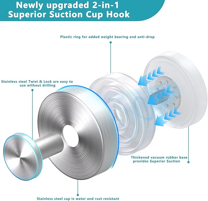 Suction Cup Hooks for Shower,Removable No Drill Towel Hooks,Upgraded 15 lbs Strong Suction hooks for Bathroom Tile,Shower Wall,Glass Door,Kitchen-Loofah,Coat,Stainless Waterproof-Silver 4 Pcs