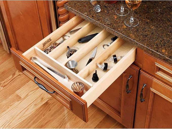 Rev-A-Shelf Trim-to-Fit Silverware Drawer Organizer For Kitchen Utensils, Cutlery Cabinet Storage Divider Insert, 18.5X22 X 2 7/8" D, Maple Wood, 4WUT-1
