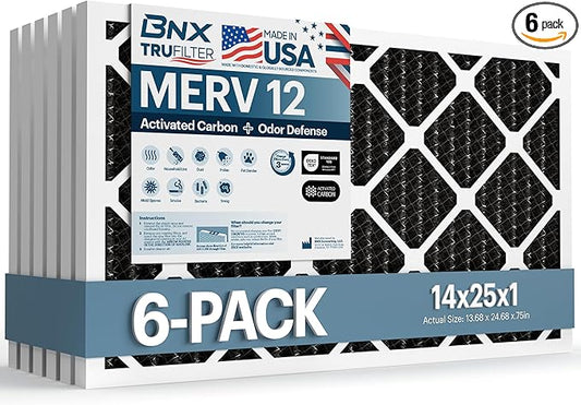 BNX TruFilter 14x25x1 MERV 12 Odor Defense (6-Pack) AC Furnace Air Filter with Activated Carbon - MADE IN USA - Pleated Air Conditioner HVAC AC Furnace Filters - Removes Odor, Mold, Bacteria, Smoke