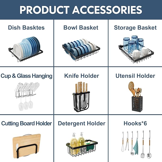 2 Tier Extra Large Stainless Steel Expandable Over The Sink Dish Drainer Drying Rack, Rust Proof Metal, Space Saving, Modern Black Big Capacity Extendable Plate Strainers Above Kitchen Counter