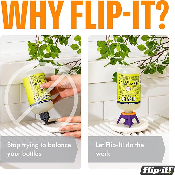 Flip-It! 1-Pack Bottle Emptying Kit – No More Wasted Product - Fits Most Plastic Bottles – Get Out Every Drop of Shampoos, Lotions, & More – 1 Base Cap, 3 Adapters – Bright Color Edition