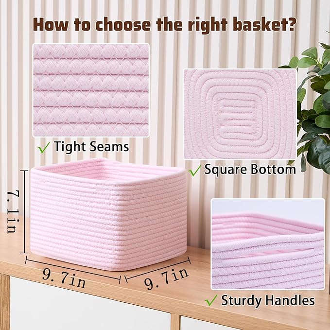 Small Organizing Baskets for Cubes Shelf, 9.7x9.7x7.1 Inch Rope Woven Storage Bins for Nursery Shelves Storage, Cute Toy Basket, Square 3 Packs Light Pink