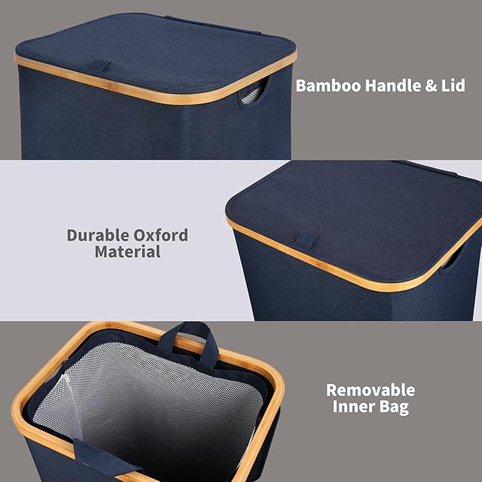 efluky Laundry Basket with Lid and Removable Bag, 100L Tall Laundry Hamper with Bamboo Handles, Aesthetic Dirty Clothes Bin for Laundry Room, Bathroom, Bedroom and Dorm, Blue