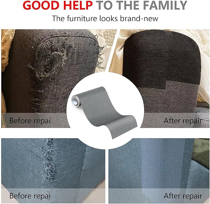 Fabric Repair Patches, Linen Repair Tape Self-Adhesive Fabric Patches Durable, DIY Large Linen Tape for Sofa, Couches, Furniture, Chair, Clothing （3.5X79 Inch, Grey）