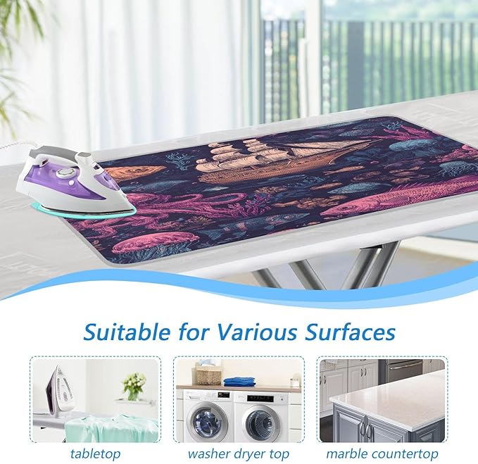 Red Blue Pirate Ship and Fish Ironing Mat Thickened Ironing Blanket Travel Portable Double-Side Using Ironing Pad Travel Isolate Heat Pad Cover for Washer Dryer Table Top Countertop 27.6x47.2in