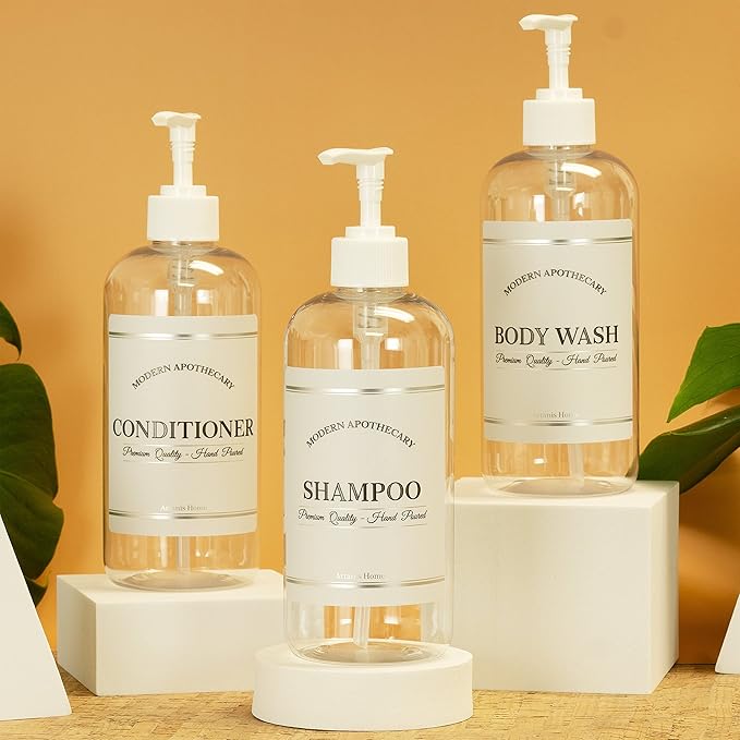 Clear Refillable Shampoo and Conditioner Bottles - Body Wash, Shampoo and Conditioner Dispenser - PET Plastic Shampoo Bottles Refillable with Pump - Waterproof Labels - 16 oz, 3 Pack (White Plastic)