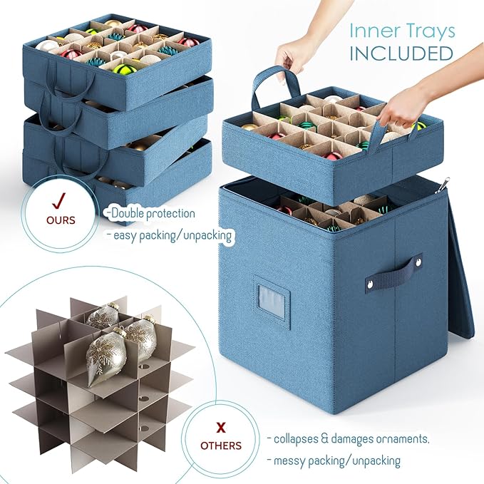 Hearth & Harbor Christmas Ornament Storage Box With 4 Inner Tray Dividers - Non-Woven Ornament Storage Container For 64 Holiday Ornaments or Decorations