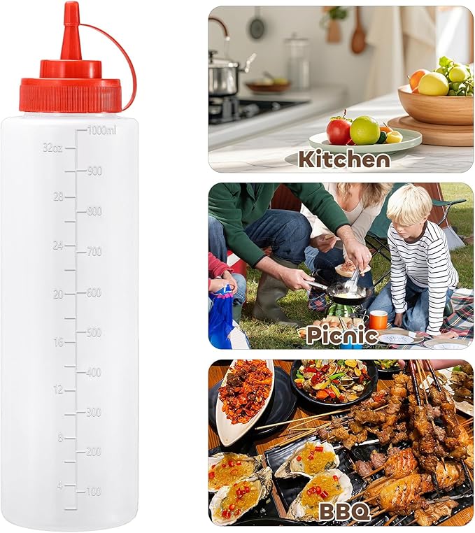 Condiment Squeeze Bottles Ketchup Dispenser, 4 Pack 32oz Squeeze Bottles for Liquids, Plastic Sauce Bottle with Cap Lid, Squirt Bottles for Sauces Liquids BBQ Dressing Pancake Art