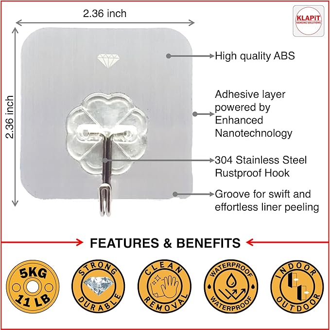 KLAPiT Super Hook - Heavy-Duty Adhesive Clear Wall Hooks, Holds Up to 11 lbs, Waterproof, No Damage, Easy Install on Tile, Wood, Stone, Glass & Metal - Made of Steel (Clear, 16pc)
