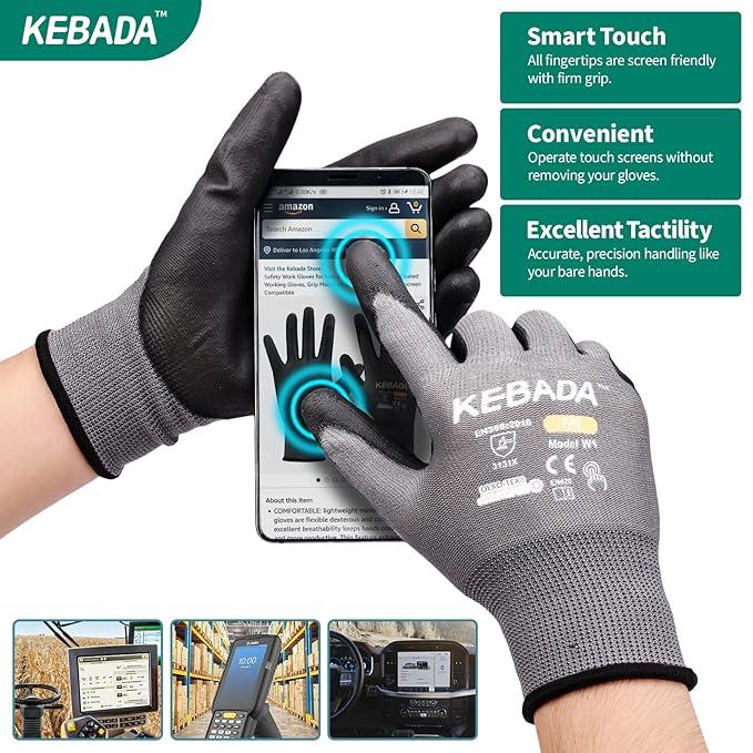 Kebada W1 Work Gloves for Men and Women, PU Coated Safety Gloves with Grip, Touchscreen, Ideal for Warehouse Package Handling, Construction, Gardening, 12 Pairs, Gray X-Small