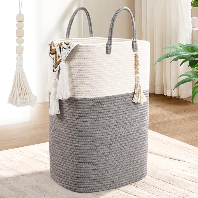 Woven Laundry Basket for Clothes, 100L Large Rectangle Laundry Hampers with Beads Tassel, Nursery Storage Basket for Toys, Tall Dirty Clothes Hamper for Bedroom Aesthetic, Laundry Room Organization