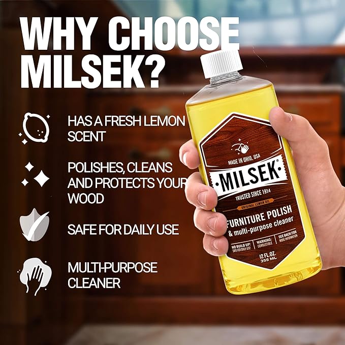 Milsek Furniture Polish and Wood Cleaner with Lemon Oil - Multipurpose Solution for Home Improvement from Hardwood Floors to Kitchen Cabinets - 12 Fl Oz (Pack of 12)