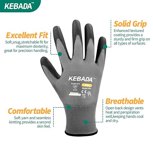 Kebada W1 Work Gloves for Men and Women, Touchscreen PU Coated Gloves with Grip, 50 Pairs Bulk Pack, Ideal for Warehouse Package Handling, Construction, Gardening, Gray X-Small