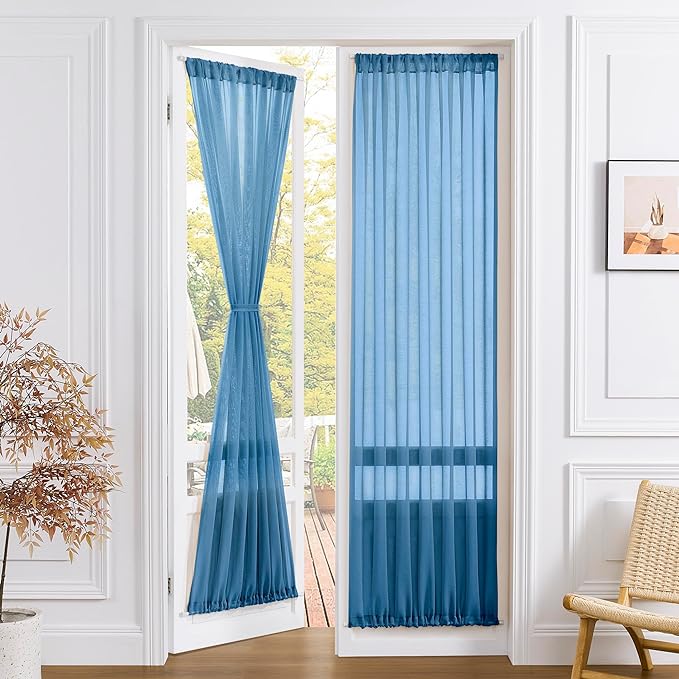 Tollpiz Sheer Door Curtain Closet Linen Textured Curtains Sheer Doorway Light Filtering Voile Patio Glass Door Rod Pocket Curtain French Door, 54 x 72 inches Long, Classic Blue, Set of 1 Panel