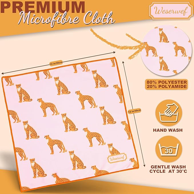 WESERWEF Design Microfiber Glasses Cleaning Cloth – Premium Cleaning Cloth for Eyeglasses, Screens, Tablets, Cameras & Lenses, 12" x 12", Ultra-Soft & Scratch-Free (Leo Pink)