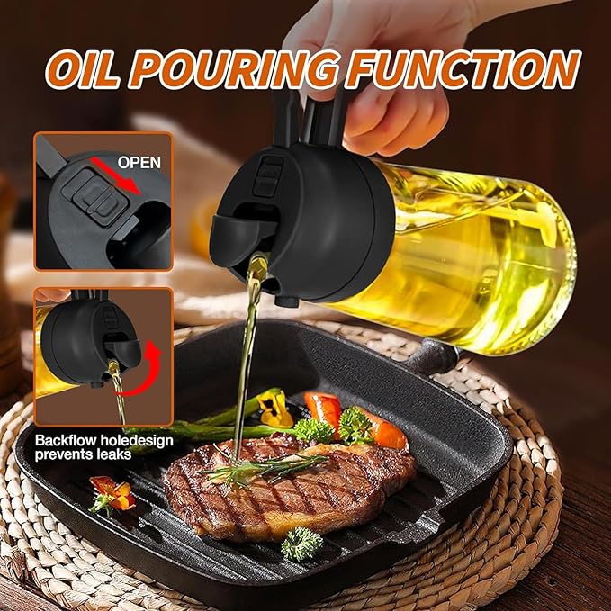 2-in-1 Glass Oil Dispenser & Sprayer - 16oz/470ml Leakproof Bottle for Cooking, Air Fryer, BBQ, Baking, Salad (Transparent Black 2PCS)