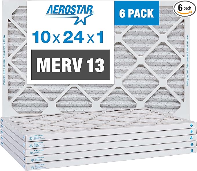Aerostar 10x24x1 MERV 13, Pleated Air Filter, 10x24x1, Box of 6, Made in the USA