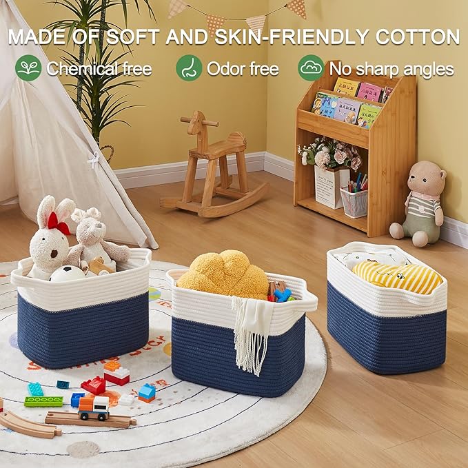 OIAHOMY Storage Baskets - Woven Cotton Rope Baskets for Shelves, Toy Towel Organizer Bins, Pack of 3, Blue & White