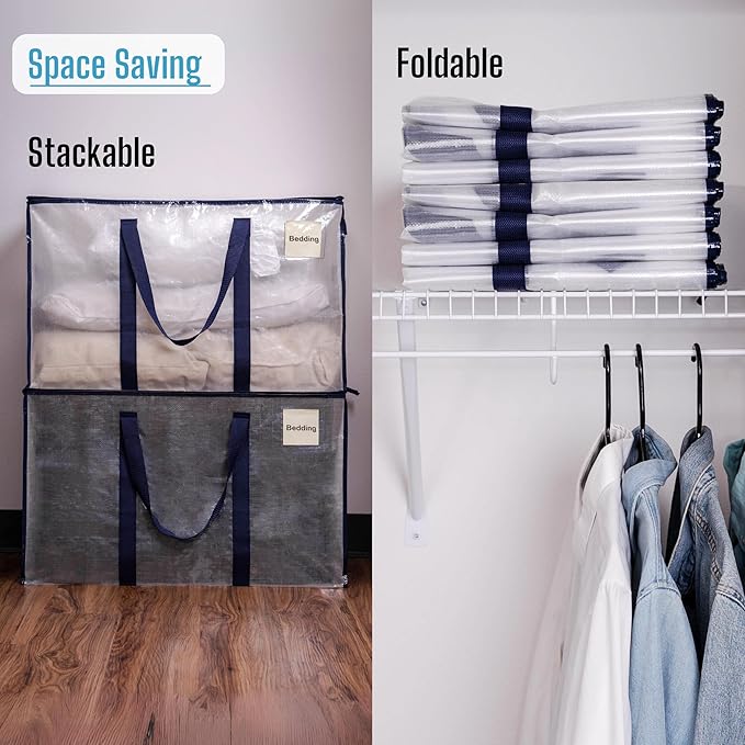 VENO 4 Pack Moving and Storage Bags, Heavy Duty, Alternative to Moving Boxes, Large Packing Totes Supplies for College Dorm Room with Zipper for Clothes, Wide Open Design (Clear, 4 Pack)