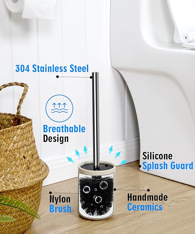 Ceramic Toilet Brush & Holder Set - Freestanding Deep-Cleaning Toilet Bowl Cleaner Brush, Stainless Steel Handle, Small & Sturdy for Storage, Easy to Clean, Non-Scratching