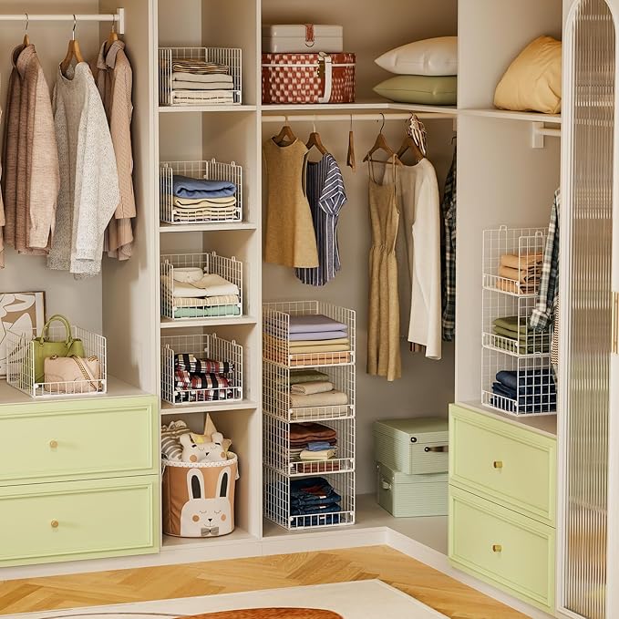 Stackable Closet Organizers and Storage - 4-Tier Stackable Storage Bins, Foldable Closet Shelf Organizer Basket, Clothes Organizers and Storage Shelves for Home Bedroom Closet Organizer System