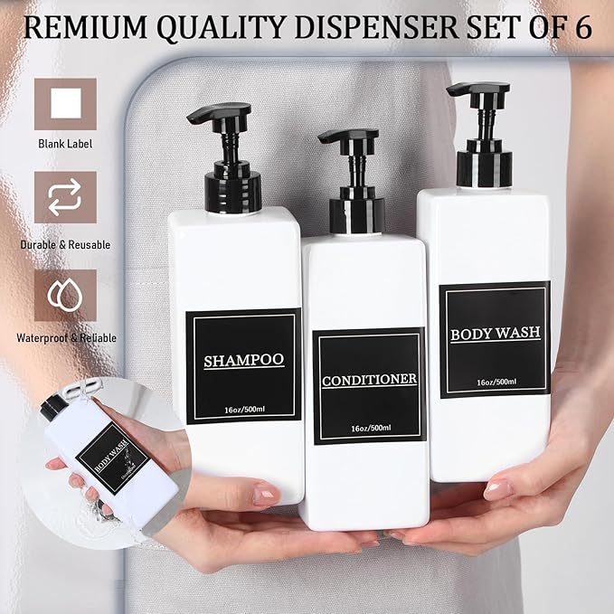 Tanlade 6 Pcs Shampoo and Conditioner Dispenser Bottles 16oz Modern Shower Soap Bottles with Pump, Labels and Marker Pen Easy to Refill Body Wash Dispensers for Home Bathroom Decoration (White)